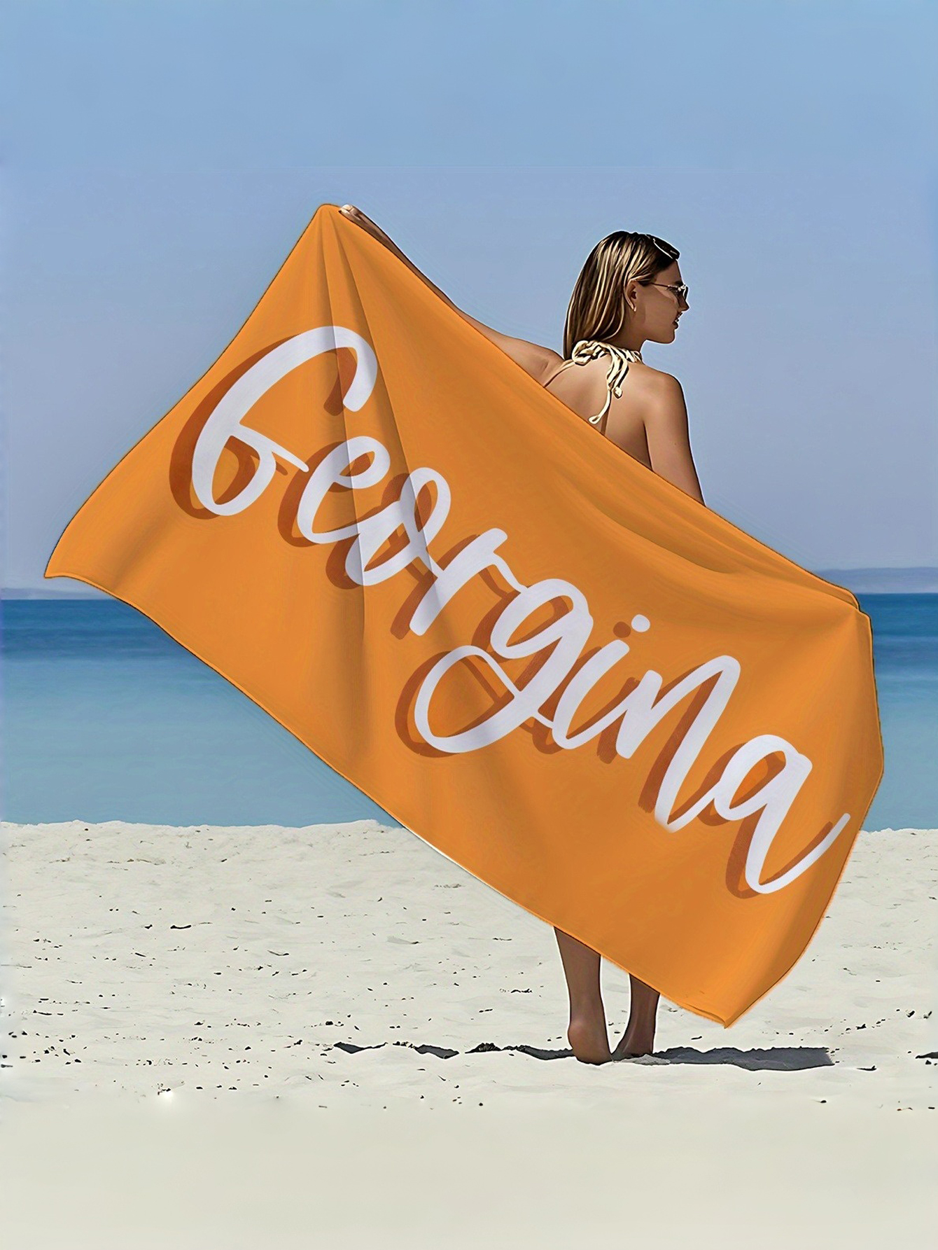 Custom Name Printed Beach Towel with Solid-Color Letter Pattern Patchwork Design